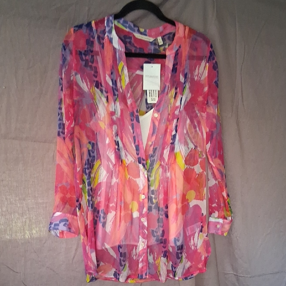 Chico's Pink and Orange Graphic Long Sleeve Blouse